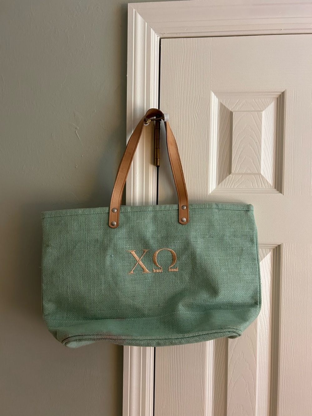 Mint Green Canvas Tote with Tan Handles